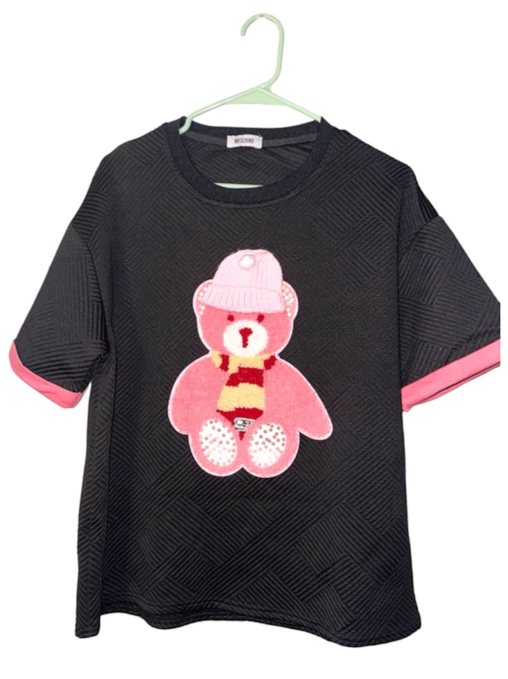 Moschino Kids Black Tee with Pink Teddy Appliqué